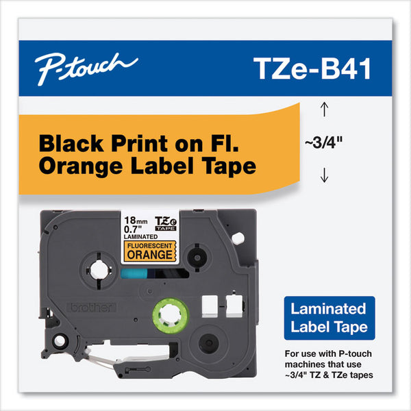 Brother P-Touch® TZ Standard Adhesive Laminated Labeling Tape, 0.7" x 16.4 ft, Black on Fluorescent Orange (BRTTZEB41)