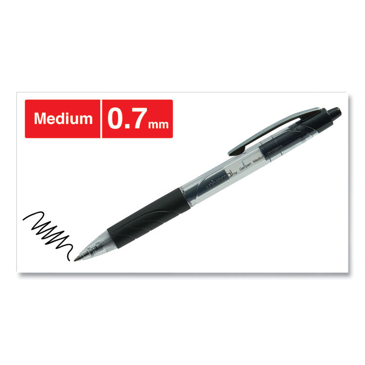 Universal™ Comfort Grip Gel Pen, Retractable, Medium 0.7 mm, Black Ink, Clear/Black Barrel, 36/Pack (UNV39910)