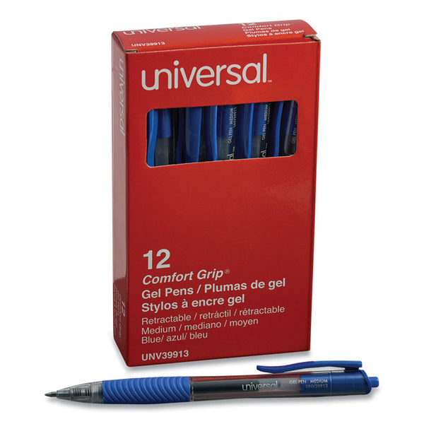 Universal™ Comfort Grip Gel Pen, Retractable, Medium 0.7 mm, Blue Ink, Clear/Blue Barrel, Dozen (UNV39913)