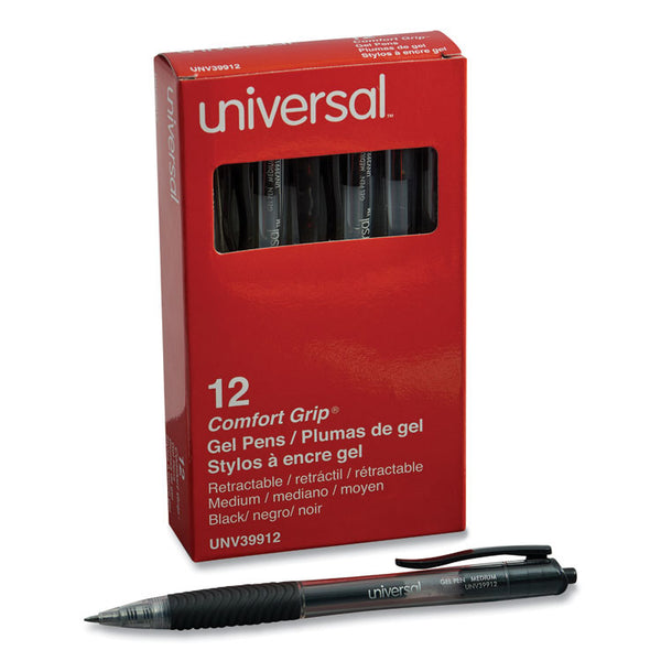 Universal™ Comfort Grip Gel Pen, Retractable, Medium 0.7 mm, Black Ink, Clear/Black Barrel, Dozen (UNV39912)
