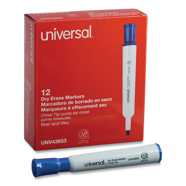 Universal™ Dry Erase Marker, Broad Chisel Tip, Blue, Dozen (UNV43653)