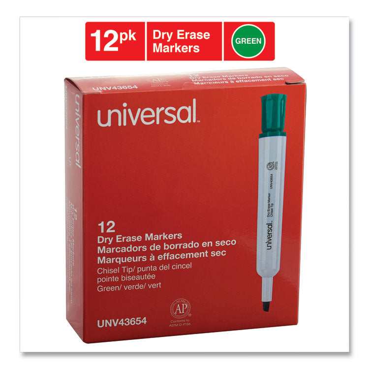 Universal™ Dry Erase Marker, Broad Chisel Tip, Green, Dozen (UNV43654)