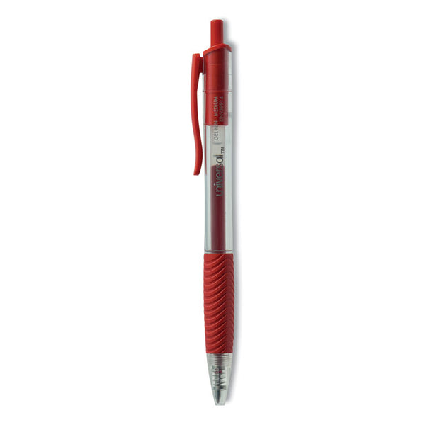 Universal™ Comfort Grip Gel Pen, Retractable, Medium 0.7 mm, Red Ink, Clear/Red Barrel, Dozen (UNV39914)