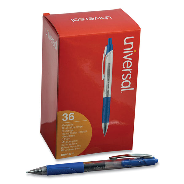 Universal™ Comfort Grip Gel Pen, Retractable, Medium 0.7 mm, Blue Ink, Clear/Blue Barrel, 36/Pack (UNV39911)