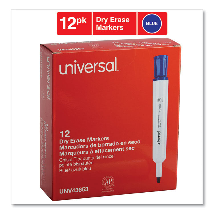 Universal™ Dry Erase Marker, Broad Chisel Tip, Blue, Dozen (UNV43653)