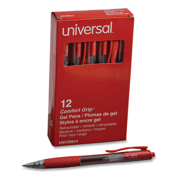 Universal™ Comfort Grip Gel Pen, Retractable, Medium 0.7 mm, Red Ink, Clear/Red Barrel, Dozen (UNV39914)
