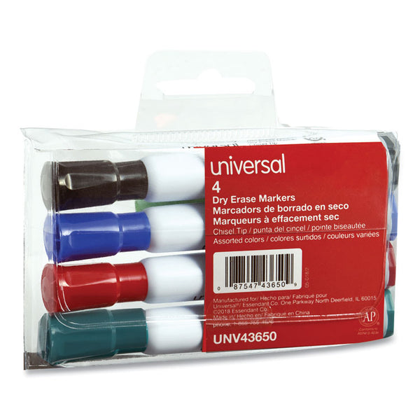 Universal™ Dry Erase Marker, Broad Chisel Tip, Assorted Colors, 4/Set (UNV43650)