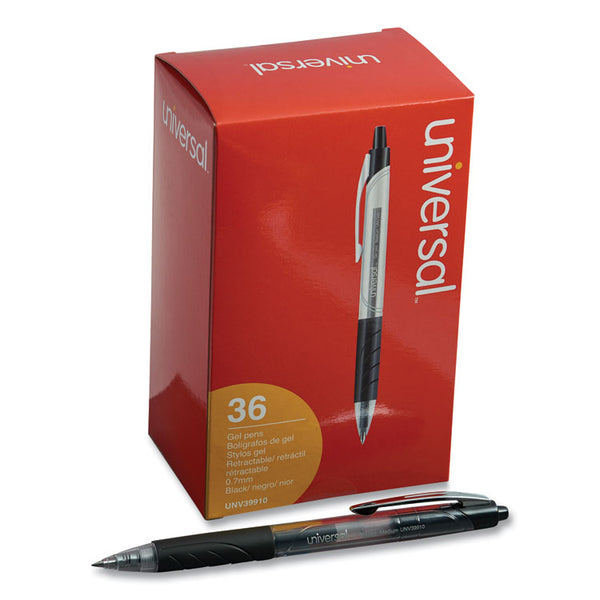 Universal™ Comfort Grip Gel Pen, Retractable, Medium 0.7 mm, Black Ink, Clear/Black Barrel, 36/Pack (UNV39910)