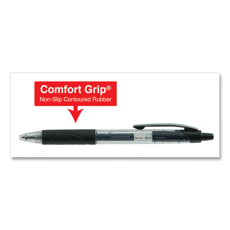 Universal™ Comfort Grip Gel Pen, Retractable, Medium 0.7 mm, Black Ink, Clear/Black Barrel, 36/Pack (UNV39910)