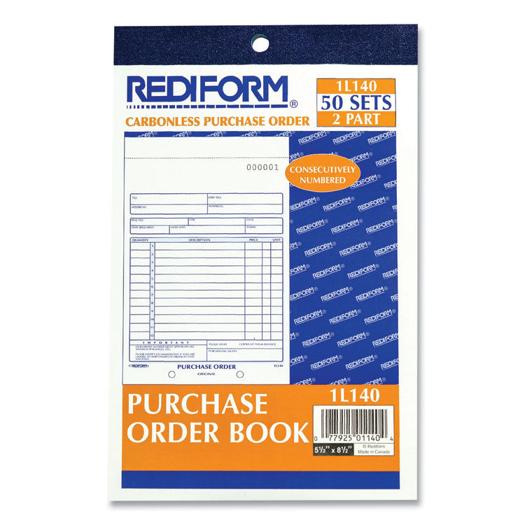 Rediform® Purchase Order Book, 12 Lines, Two-Part Carbonless, 5.5 x 7.88, 50 Forms Total (RED1L140) Each