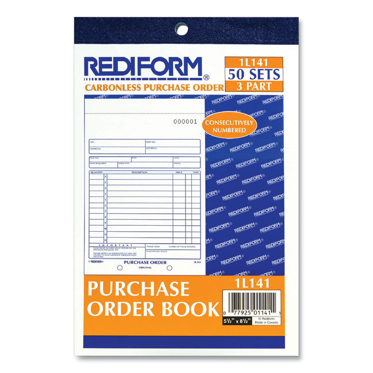 Rediform® Purchase Order Book, 12 Lines, Three-Part Carbonless, 5.5 x 7.88, 50 Forms Total (RED1L141) Each