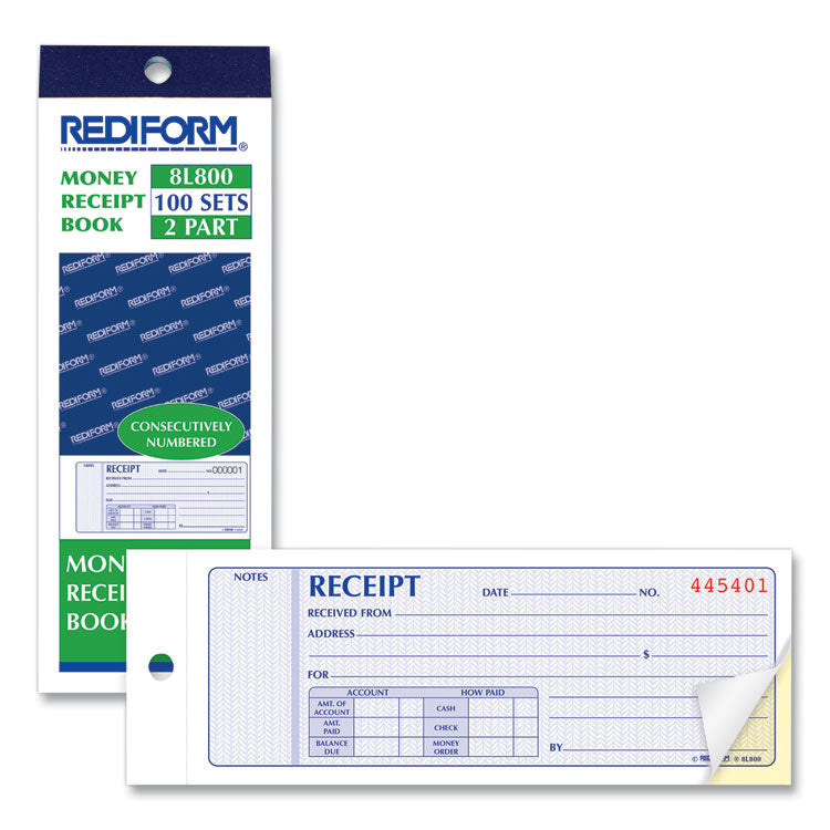 Rediform® Receipt Book, Two-Part Carbonless, 7 x 2.75, 4 Forms/Sheet, 100 Forms Total (RED8L800) Each