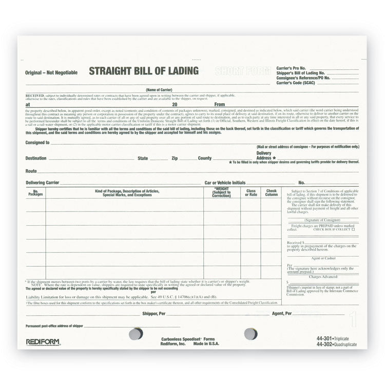 Rediform® Snap-A-Way Bill of Lading, Short Form, Three-Part Carbonless, 7 x 8.5, 250 Forms Total (RED44301) Pack of 250