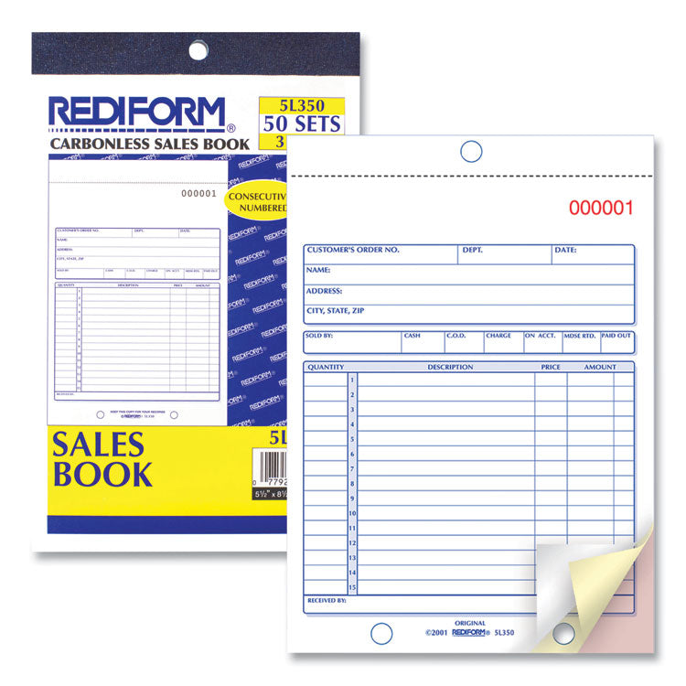 Rediform® Sales Book, 15 Lines, Three-Part Carbonless, 5.5 x 7.88, 50 Forms Total (RED5L350) Each