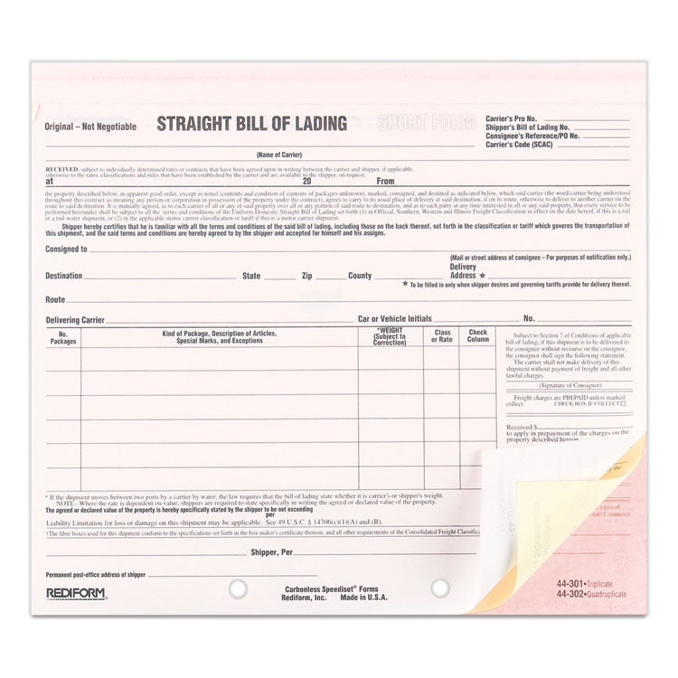 Rediform® Snap-A-Way Bill of Lading, Short Form, Three-Part Carbonless, 7 x 8.5, 250 Forms Total (RED44301) Pack of 250