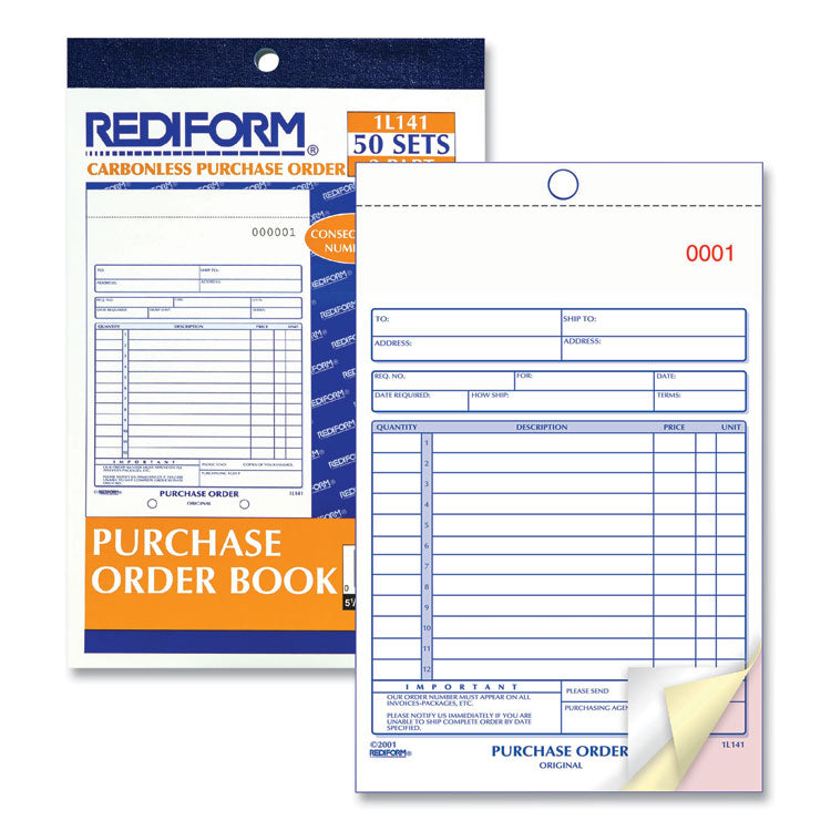 Rediform® Purchase Order Book, 12 Lines, Three-Part Carbonless, 5.5 x 7.88, 50 Forms Total (RED1L141) Each