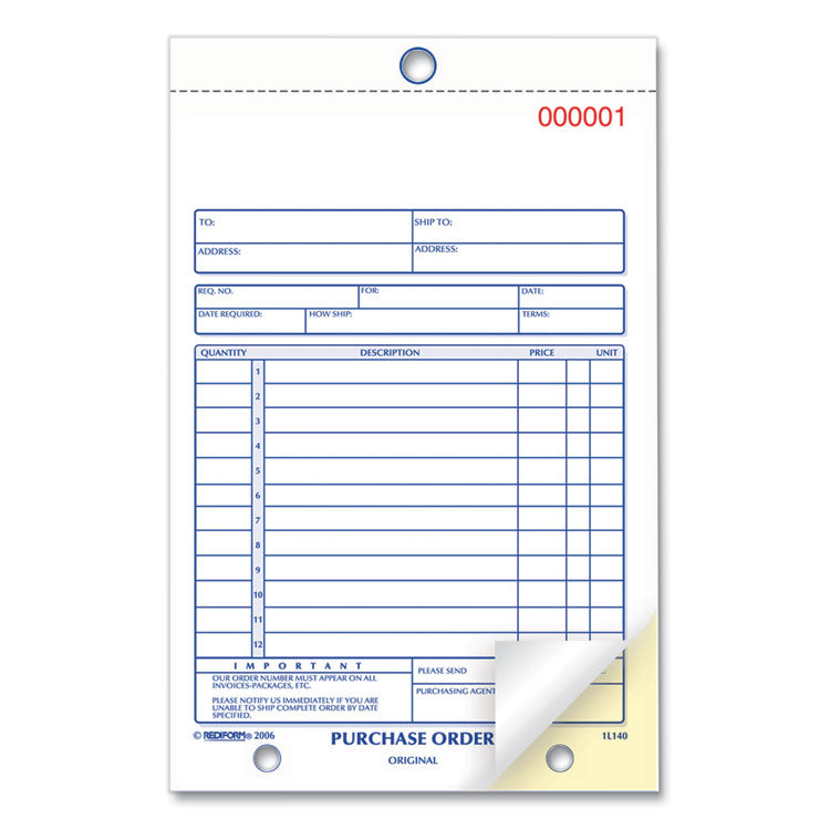 Rediform® Purchase Order Book, 12 Lines, Two-Part Carbonless, 5.5 x 7.88, 50 Forms Total (RED1L140) Each