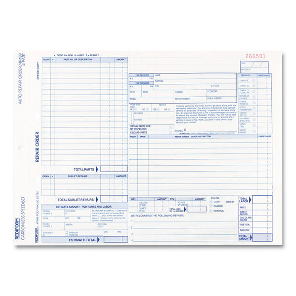 Rediform® Speediset Four-Part Auto Repair Form, Four-Part Carbonless, 11 x 8.5, 50 Forms Total (RED4P489) Pack of 50