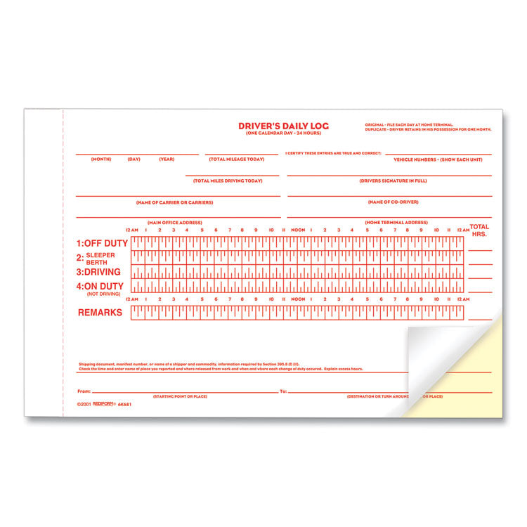 Rediform® Driver's Daily Log Book with Daily Record and Hours Summary, Two-Part Carbonless, 7.88 x 5.5, 31 Forms Total (RED6K681) Each