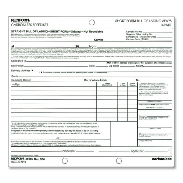 Rediform® Speediset Bill of Lading, Short Form, Three-Part Carbonless, 7 x 8.5, 50 Forms Total (RED6P695) Pack of 50