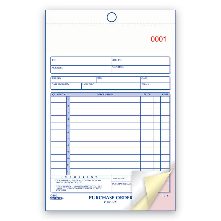 Rediform® Purchase Order Book, 12 Lines, Three-Part Carbonless, 5.5 x 7.88, 50 Forms Total (RED1L141) Each