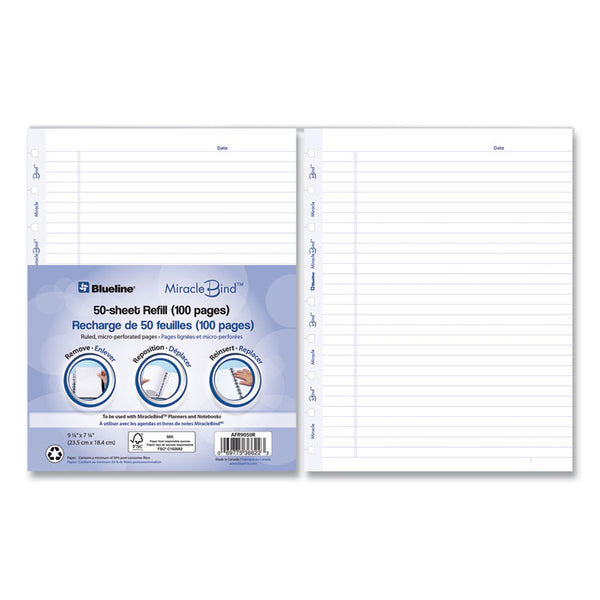 Blueline® MiracleBind Ruled Paper Refill Sheets for all MiracleBind Notebooks and Planners, 9.25 x 7.25, White/Blue Sheets, Undated (REDAFR9050R)