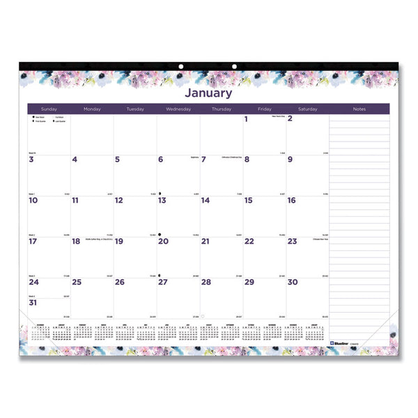Blueline® Passion Monthly Deskpad Calendar, Floral Artwork, 22 x 17, White/Multicolor Sheets, Black Binding, 12-Month (Jan-Dec): 2024 (REDC194113)