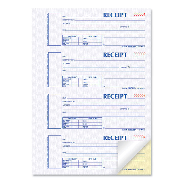 Rediform® Durable Hardcover Numbered Money Receipt Book, Two-Part Carbonless, 6.88 x 2.75, 4 Forms/Sheet, 300 Forms Total (REDS1654NCR)