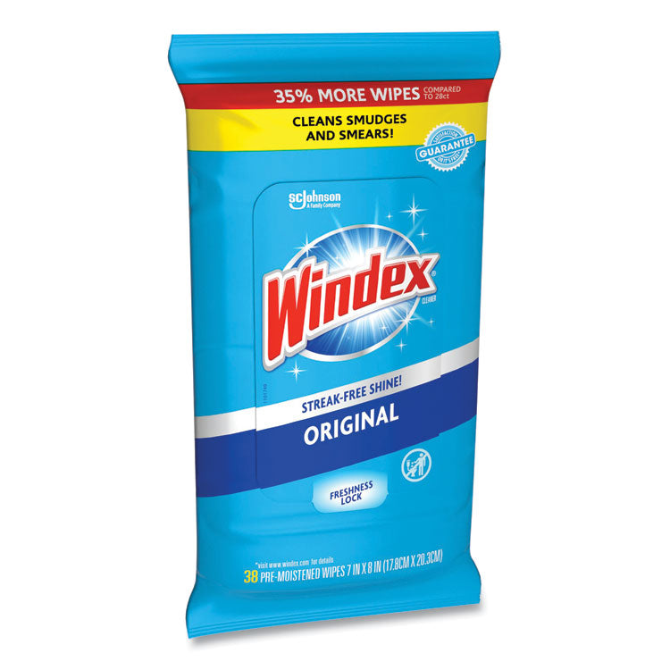 Windex® Glass and Surface Wet Wipe, Cloth, 7 x 8, Unscented, White, 38/Pack, 12 Packs/Carton (SJN319251)