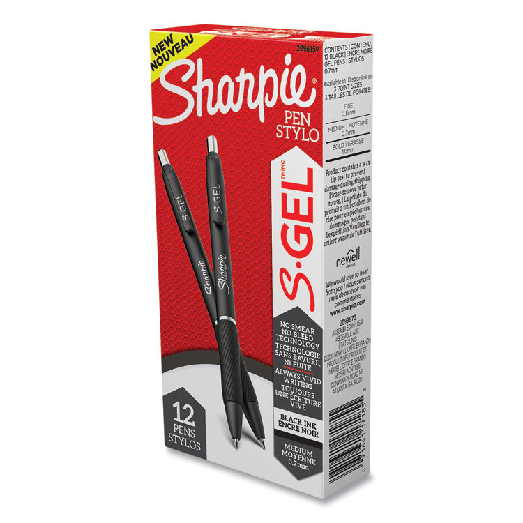 Sharpie® S-Gel™ S-Gel High-Performance Gel Pen, Retractable, Medium 0.7 mm, Black Ink, Black Barrel, Dozen (SAN2096159) Box of 12