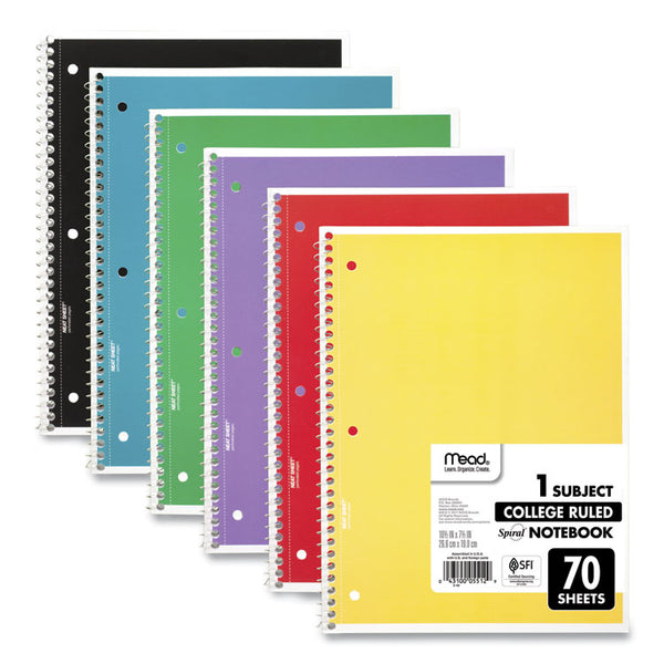 Mead® Spiral Notebook, 1-Subject, Medium/College Rule, Assorted Cover Colors, (70) 10.5 x 8 Sheets, 6/Pack (MEA73065)