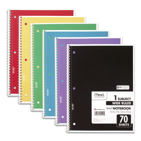 Mead® Spiral Notebook, 3-Hole Punched, 1-Subject, Wide/Legal Rule, Randomly Assorted Cover Color, (70) 10.5 x 7.5 Sheets (MEA05510)