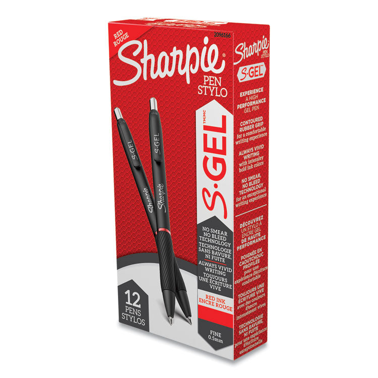 Sharpie® S-Gel™ S-Gel High-Performance Gel Pen, Retractable, Fine 0.5 mm, Red Ink, Black Barrel, Dozen (SAN2096166) Box of 12