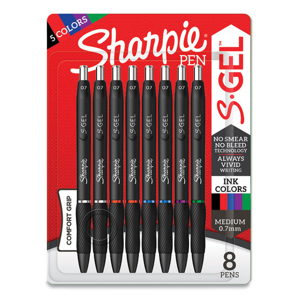 Sharpie® S-Gel™ S-Gel High-Performance Gel Pen, Retractable, Medium 0.7 mm, Five Assorted Ink Colors, Black Barrel, 8/Pack (SAN2126231) Pack of 8