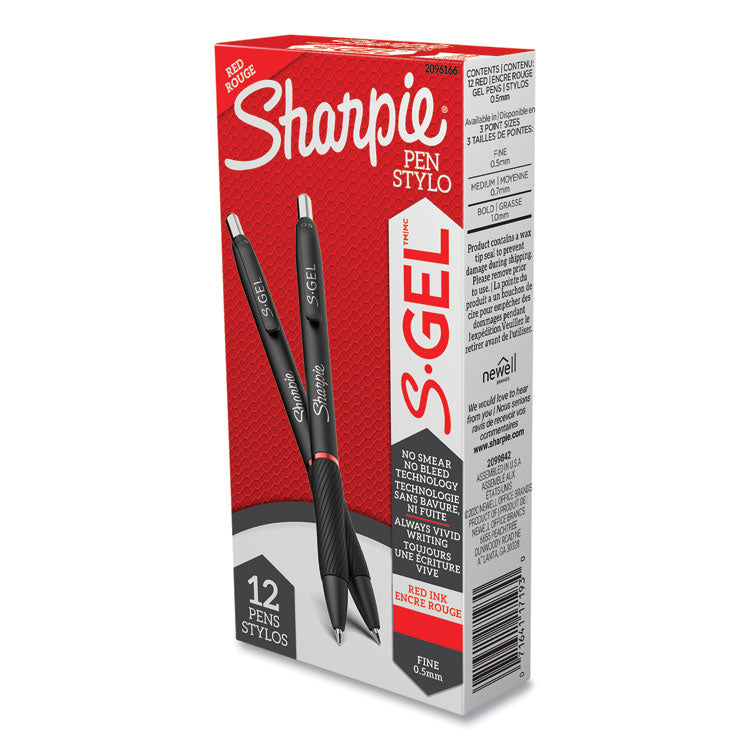 Sharpie® S-Gel™ S-Gel High-Performance Gel Pen, Retractable, Fine 0.5 mm, Red Ink, Black Barrel, Dozen (SAN2096166) Box of 12