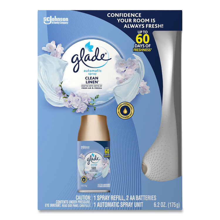 Glade® Automatic Spray Starter Kit, Spray Unit and Refill, White/Gold, Clean Linen, 4/Carton (SJN329349) Case of 4