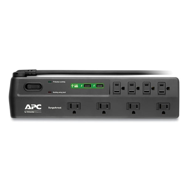 APC® Home Office SurgeArrest Power Surge Protector, 8 AC Outlets/2 USB Ports, 6 ft Cord, 2,630 J, Black (APWP8U2)