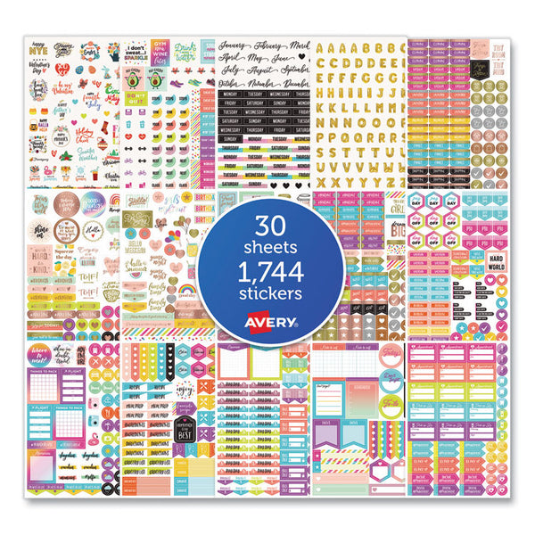 Avery® Planner Sticker Variety Pack, Budget, Fitness, Motivational, Seasonal, Work, Assorted Colors, 1,744/Pack (AVE6785)
