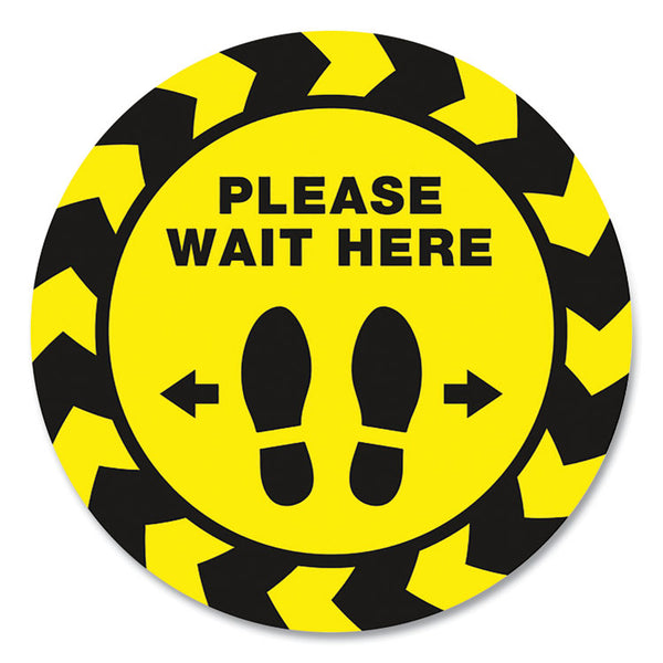 Avery® Social Distancing Floor Decals, 10.5" dia, Please Wait Here, Yellow/Black Face, Black Graphics, 5/Pack (AVE83020)