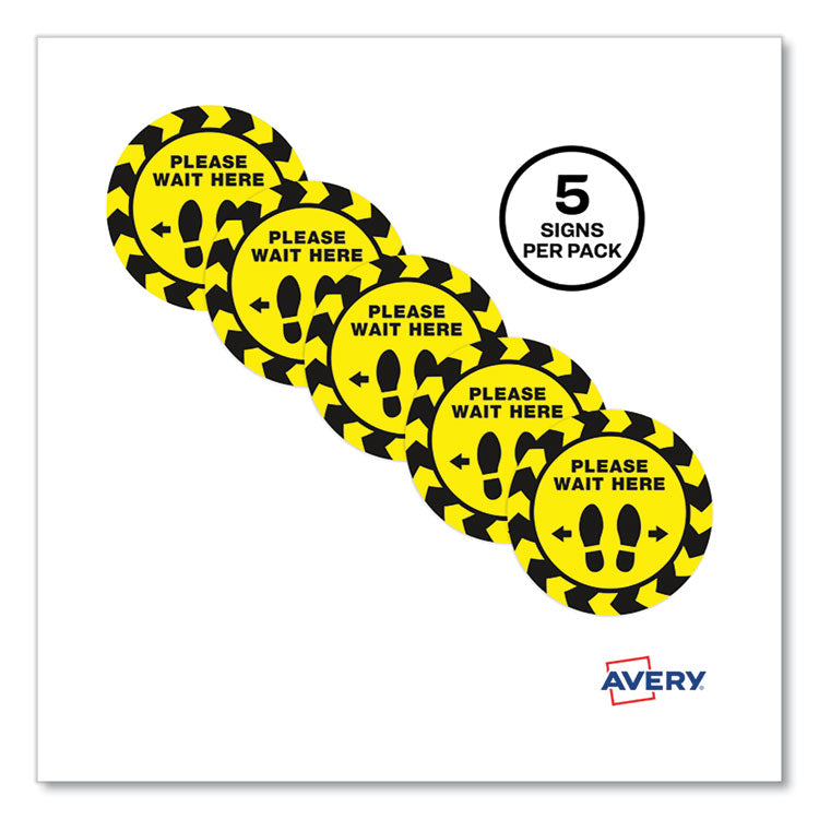 Avery® Social Distancing Floor Decals, 10.5" dia, Please Wait Here, Yellow/Black Face, Black Graphics, 5/Pack (AVE83020)