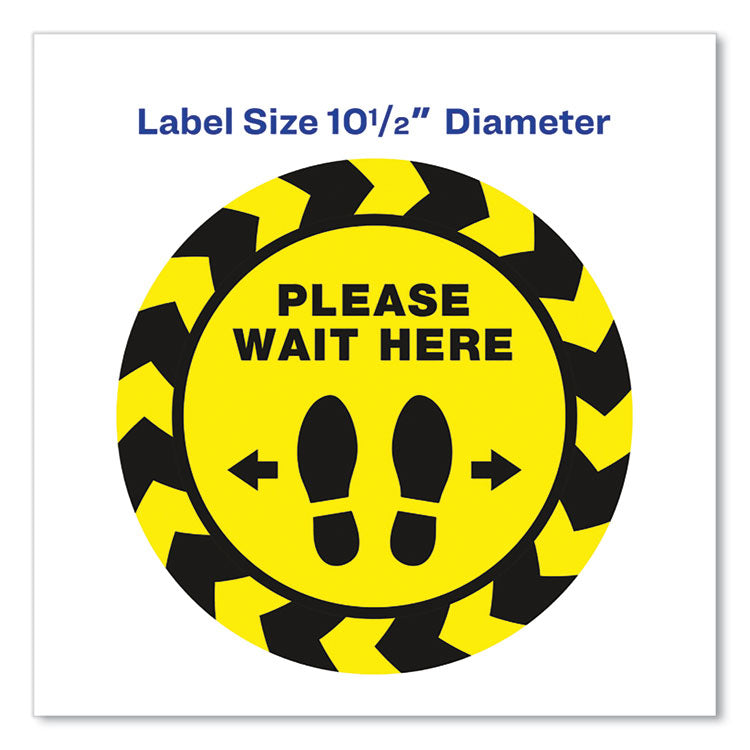 Avery® Social Distancing Floor Decals, 10.5" dia, Please Wait Here, Yellow/Black Face, Black Graphics, 5/Pack (AVE83020)