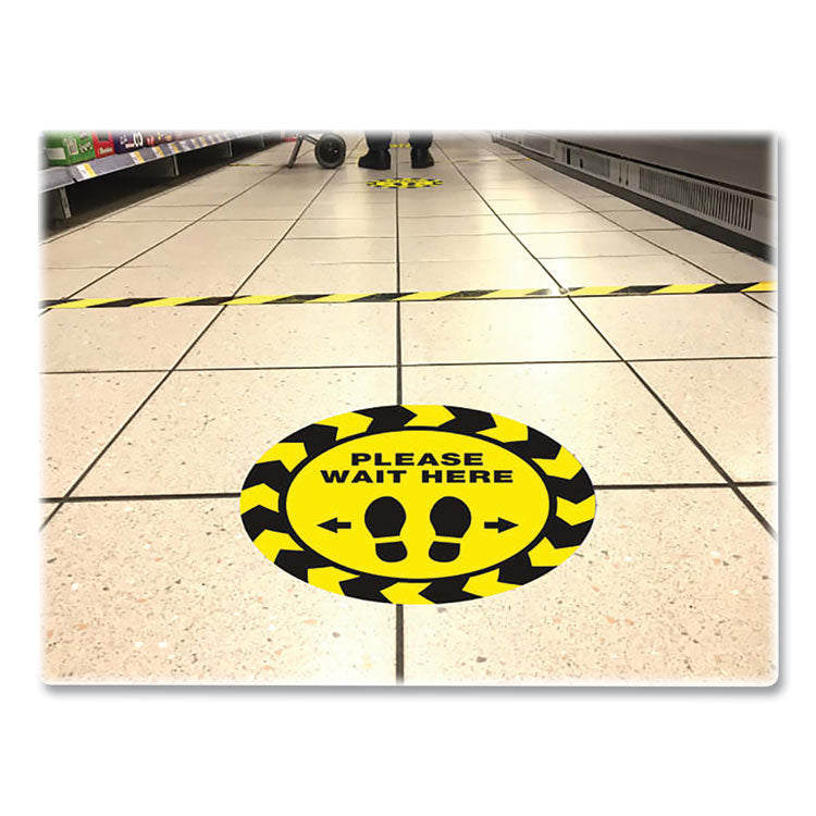 Avery® Social Distancing Floor Decals, 10.5" dia, Please Wait Here, Yellow/Black Face, Black Graphics, 5/Pack (AVE83020)