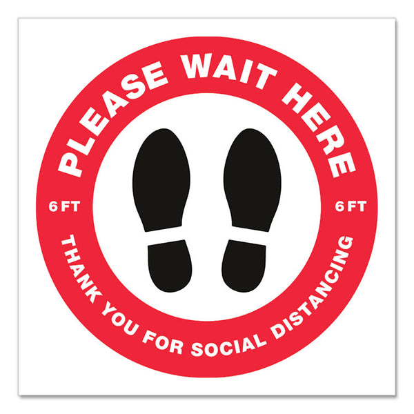 Avery® Social Distancing Floor Decals, 10.5" dia, Please Wait Here, Red/White Face, Black Graphics, 5/Pack (AVE83090)