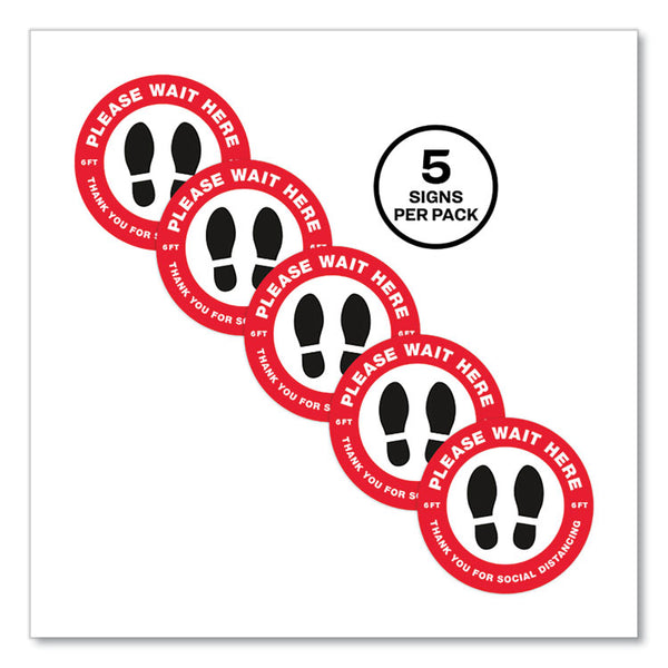 Avery® Social Distancing Floor Decals, 10.5" dia, Please Wait Here, Red/White Face, Black Graphics, 5/Pack (AVE83090)