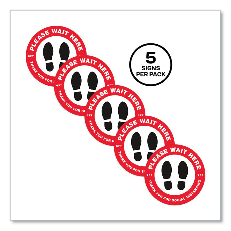 Avery® Social Distancing Floor Decals, 10.5" dia, Please Wait Here, Red/White Face, Black Graphics, 5/Pack (AVE83090) Pack of 5