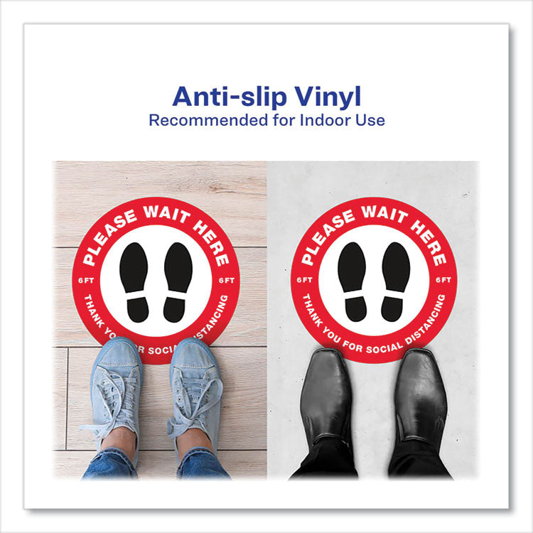 Avery® Social Distancing Floor Decals, 10.5" dia, Please Wait Here, Red/White Face, Black Graphics, 5/Pack (AVE83090) Pack of 5