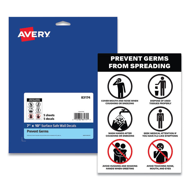 Avery® Preprinted Surface Safe Wall Decals, 7 x 10, Prevent Germs from Spreading, White/Black Face, Black Graphics, 5/Pack (AVE83174) Pack of 5