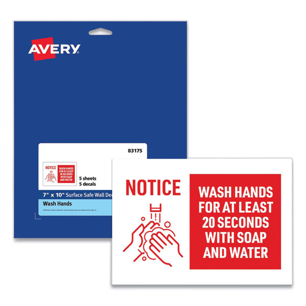 Avery® Preprinted Surface Safe Wall Decals, 10 x 7, Wash Hands for at Least 20 Seconds, White/Red Face, Red Graphics, 5/Pack (AVE83175)