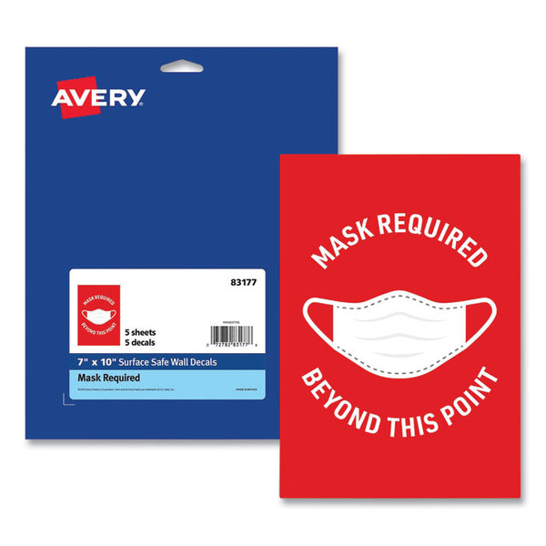 Avery® Preprinted Surface Safe Wall Decals, 7 x 10, Mask Required Beyond This Point, Red Face, White Graphics, 5/Pack (AVE83177)