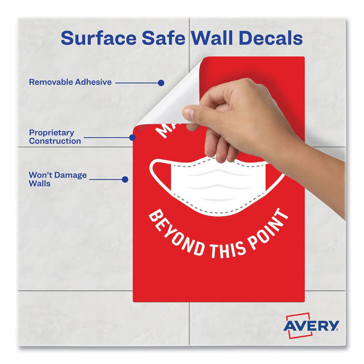 Avery® Preprinted Surface Safe Wall Decals, 7 x 10, Mask Required Beyond This Point, Red Face, White Graphics, 5/Pack (AVE83177) Pack of 5